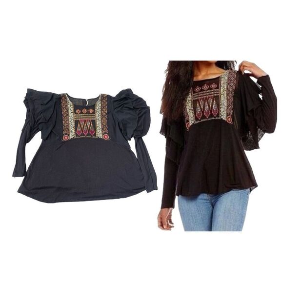 Free People La Cienga Embroidered Tiered Ruffle Blouse in Black Size Small - Picture 1 of 10
